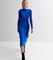 New Look Bright Blue Plisse Long Sleeve Belted Midi Dress